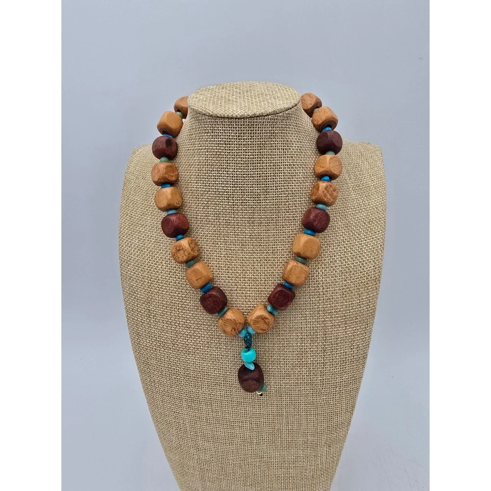Handmade Chunky Wood and‎ Turquoise Bead Necklace with Barrel Clasp 17 Inch Boho